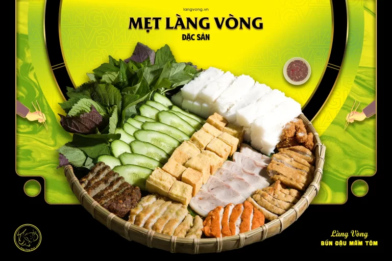 Mẹt bún đậu mắm tôm ngon nhất Sài Gòn của Làng Vòng với bún lá, đậu hũ chiên giòn, chả cốm, chả cua, chả mực, nem chua rán, chả ốc, thịt luộc, chả sụn